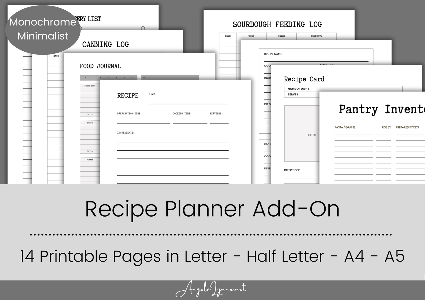 Recipe Planner Module (Add on) – 14 Minimalist Printable Pages | Meal Planning, Recipe Cards, Inventory, and more