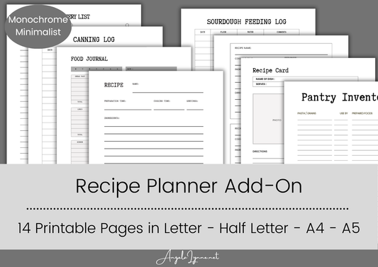 Recipe Planner Module (Add on) – 14 Minimalist Printable Pages | Meal Planning, Recipe Cards, Inventory, and more