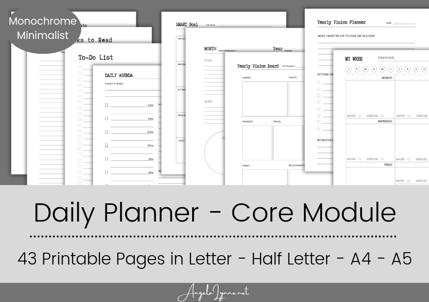 Core Planner Module – 43 Minimalist Printable Pages | Daily, Weekly, Monthly & Yearly Planning