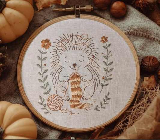 Embroidery Pattern - Knitting Hedgehog - Cozy Crafty Critter - Cottagecore - Vintage