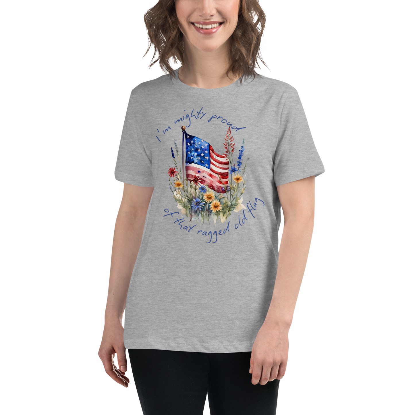 Women's Relaxed T-Shirt - American Flag with Wildflowers