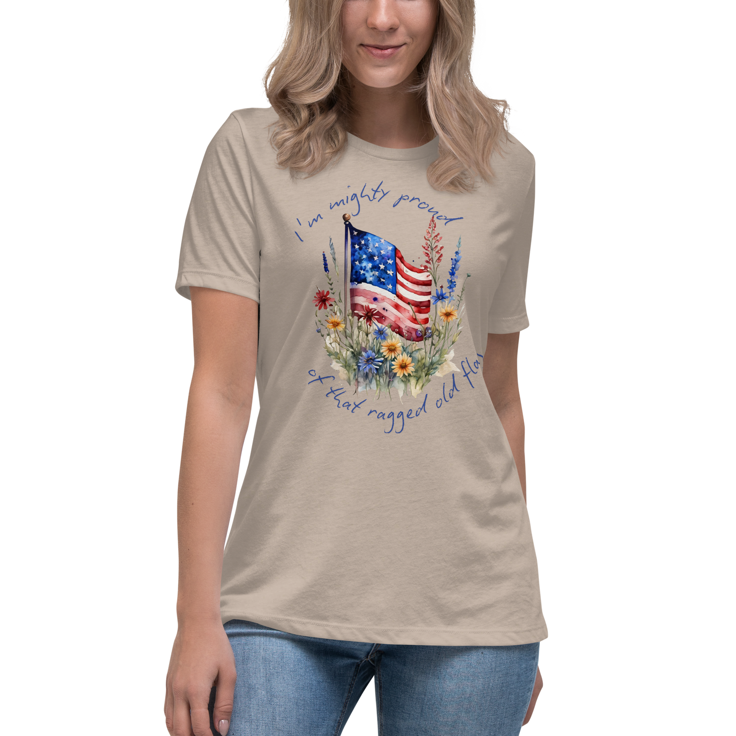 Women's Relaxed T-Shirt - American Flag with Wildflowers