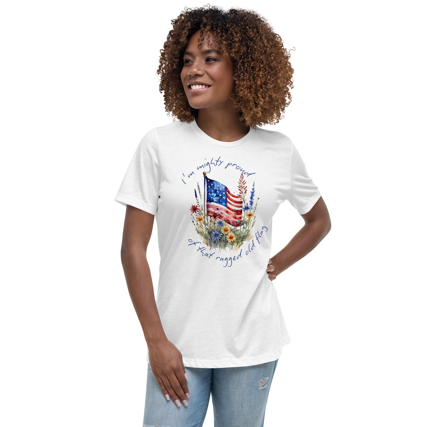Women's Relaxed T-Shirt - American Flag with Wildflowers