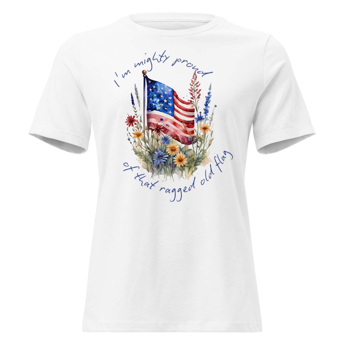 Women's Relaxed T-Shirt - American Flag with Wildflowers